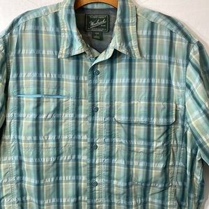 Vintage Woolrich mint green (spray) plaid, mesh back, short sleeve, pockets
